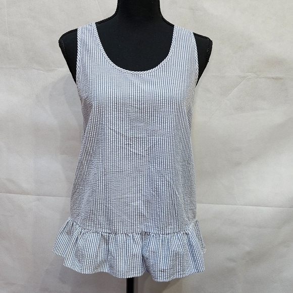 Charming Charlie Blue & White Stripped Ruffle Hem Top with Bow Accent Back Sz S - Picture 1 of 8